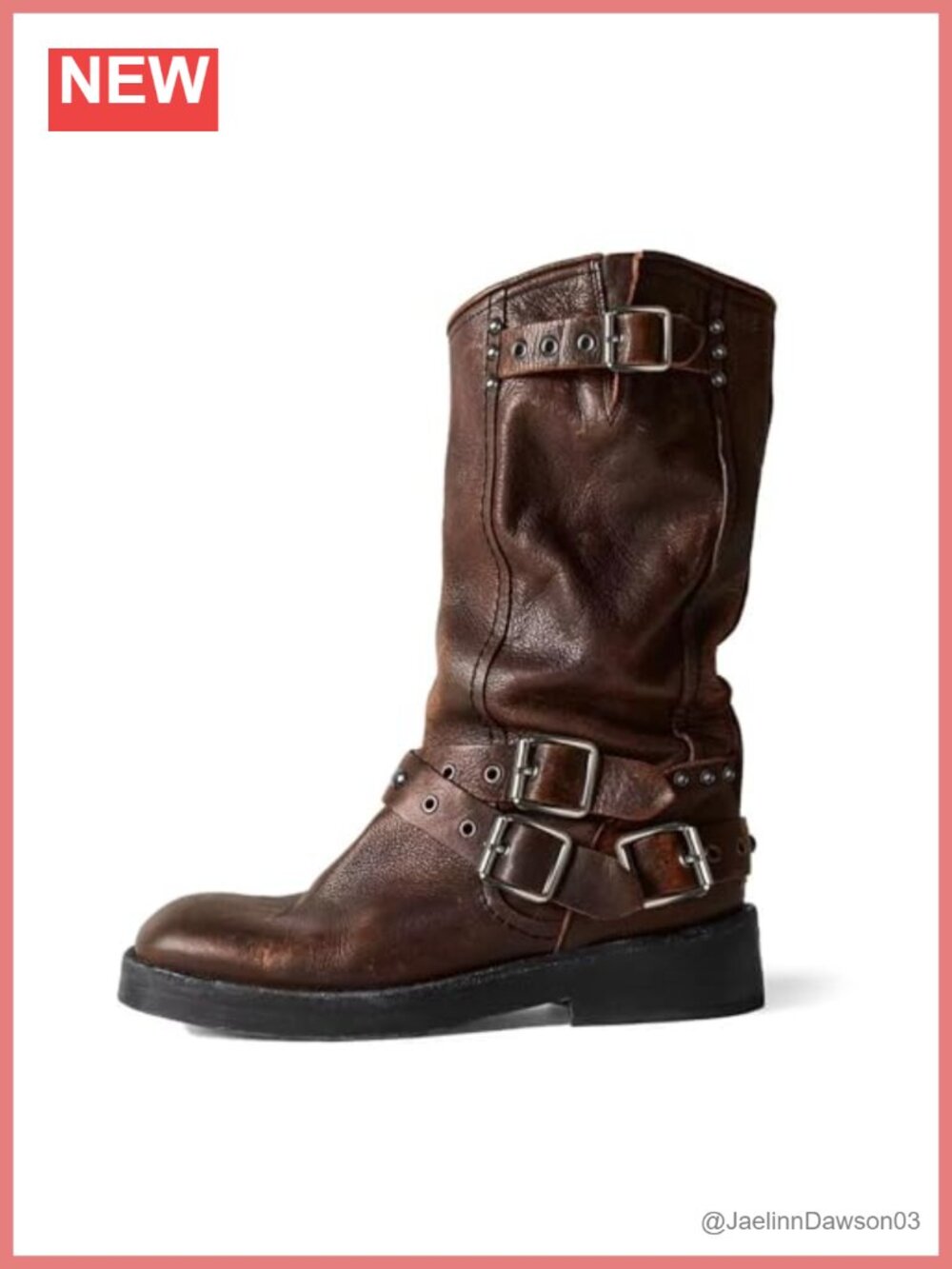 Womens Mid Calf Motorcycle Boots Chunky Heel Square Toe PU Leather Buckle